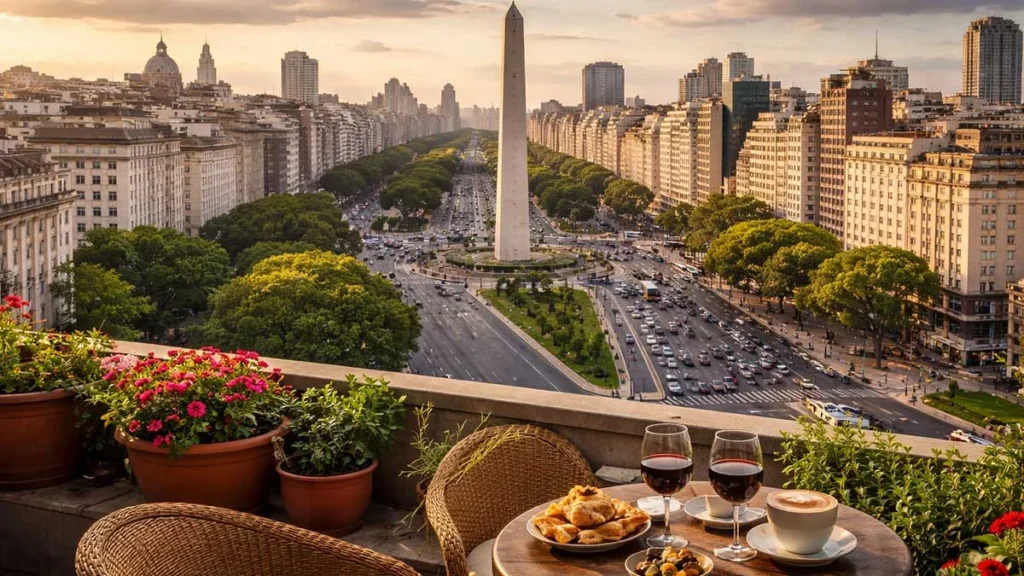 Obelisco e Avenida 9 de Julio em Buenos Aires ao fim da tarde