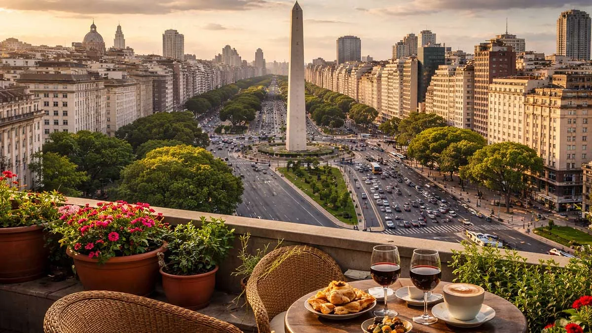 Obelisco e Avenida 9 de Julio em Buenos Aires ao fim da tarde