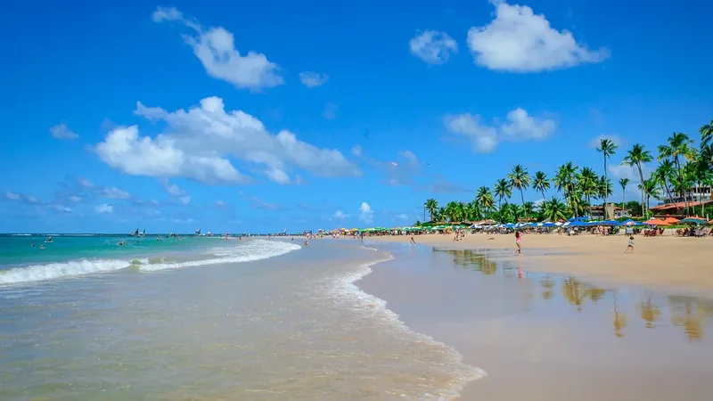 Praia de Porto de Galinhas com coqueiros e jangadas ao fundo