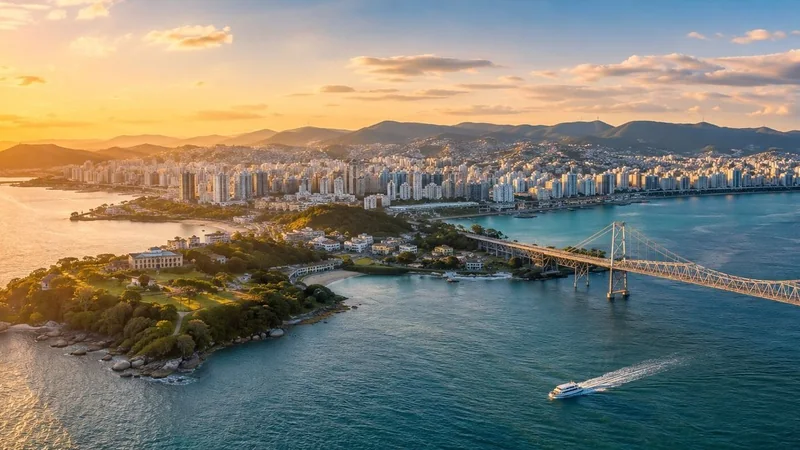 Vista aérea de Florianópolis ao pôr do sol, com a Ponte Hercílio Luz e a baía